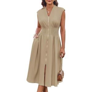 imageGRACE KARIN Womens Summer Casual Dress V Neck Cap Sleeve Zipper Front Flowy Midi Dress with PocketsApricot