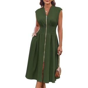 imageGRACE KARIN Womens Summer Casual Dress V Neck Cap Sleeve Zipper Front Flowy Midi Dress with PocketsArmy Green