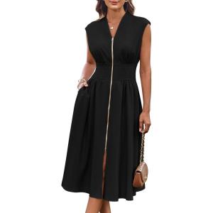 imageGRACE KARIN Womens Summer Casual Dress V Neck Cap Sleeve Zipper Front Flowy Midi Dress with PocketsBlack