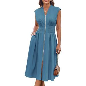 imageGRACE KARIN Womens Summer Casual Dress V Neck Cap Sleeve Zipper Front Flowy Midi Dress with PocketsGray Blue