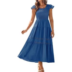imageGRACE KARIN Womens Summer Dress Casual 2025 Flutter Sleeve Square Neck Smocked Boho Beach Dresses Tiered Midi Long SundressBlue
