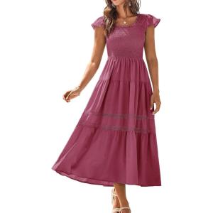 imageGRACE KARIN Womens Summer Dress Casual 2025 Flutter Sleeve Square Neck Smocked Boho Beach Dresses Tiered Midi Long SundressFuchsia
