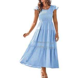 imageGRACE KARIN Womens Summer Dress Casual 2025 Flutter Sleeve Square Neck Smocked Boho Beach Dresses Tiered Midi Long SundressLight Blue