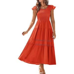 imageGRACE KARIN Womens Summer Dress Casual 2025 Flutter Sleeve Square Neck Smocked Boho Beach Dresses Tiered Midi Long SundressOrange Red