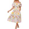 imageGRACE KARIN Womens 2025 Summer Dress Off Shoulder Floral Dress Puff Sleeve Smocked Boho Beach Midi Dress with PocketsPink Yellow Green