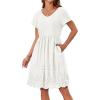 imageGRACE KARIN Womens Summer Short Sleeve Mini Dress V Neck A Line Casual Embroidery Vacation Beach Short Dresses with PocketsWhite