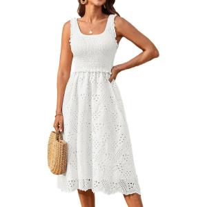 imageGRACE KARIN 2025 Womens Dress Summer Sleeveless Casual Vacation Embroidered Midi Dress with PocketsWhite