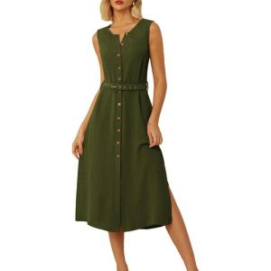 imageGRACE KARIN Women Casual Summer Dress 2025 Business Work Belted Sleeveless Button Down Shirt Midi Dresses with PocketsArmy Green