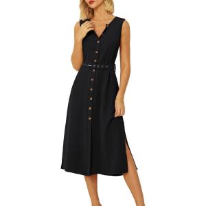 imageGRACE KARIN Women Casual Summer Dress 2025 Business Work Belted Sleeveless Button Down Shirt Midi Dresses with PocketsBlack