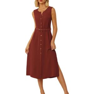 imageGRACE KARIN Women Casual Summer Dress 2025 Business Work Belted Sleeveless Button Down Shirt Midi Dresses with PocketsBrown Orange
