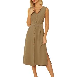 imageGRACE KARIN Women Casual Summer Dress 2025 Business Work Belted Sleeveless Button Down Shirt Midi Dresses with PocketsKhaki