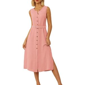 imageGRACE KARIN Women Casual Summer Dress 2025 Business Work Belted Sleeveless Button Down Shirt Midi Dresses with PocketsLight Pink
