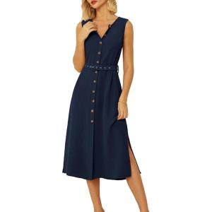 imageGRACE KARIN Women Casual Summer Dress 2025 Business Work Belted Sleeveless Button Down Shirt Midi Dresses with PocketsNavy Blue