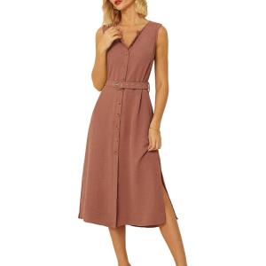 imageGRACE KARIN Women Casual Summer Dress 2025 Business Work Belted Sleeveless Button Down Shirt Midi Dresses with PocketsRust Pink