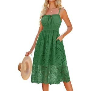 imageGRACE KARIN Womens 2024 Summer Sleeveless Eyelet Dress Casual Knot Front A Line Dresses Elegant Hollow Out Midi DressGreen