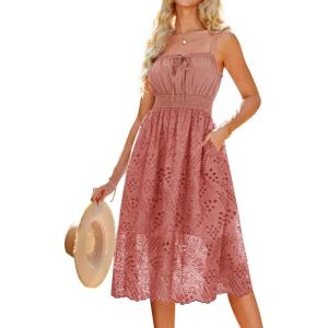 imageGRACE KARIN Womens 2024 Summer Sleeveless Eyelet Dress Casual Knot Front A Line Dresses Elegant Hollow Out Midi DressPink
