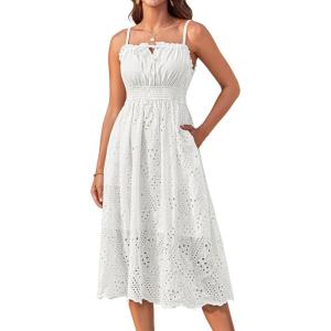 imageGRACE KARIN Womens 2024 Summer Sleeveless Eyelet Dress Casual Knot Front A Line Dresses Elegant Hollow Out Midi DressWhite