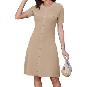imageGRACE KARIN Womens 2025 Ribbed Knit Tweed Dresses Short Sleeve Crewneck A Line Mini Sweater Dress with Decorative ButtonsBeige