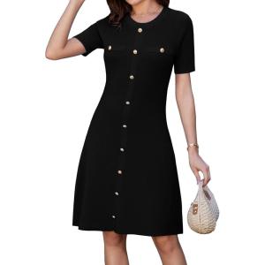 imageGRACE KARIN Womens 2025 Ribbed Knit Tweed Dresses Short Sleeve Crewneck A Line Mini Sweater Dress with Decorative ButtonsBlack
