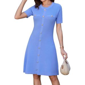 imageGRACE KARIN Womens 2025 Ribbed Knit Tweed Dresses Short Sleeve Crewneck A Line Mini Sweater Dress with Decorative ButtonsBlue