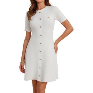 imageGRACE KARIN Womens 2025 Ribbed Knit Tweed Dresses Short Sleeve Crewneck A Line Mini Sweater Dress with Decorative ButtonsWhite