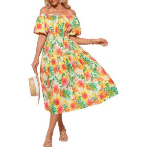 imageGRACE KARIN Womens 2025 Summer Dress Off Shoulder Floral Dress Puff Sleeve Smocked Boho Beach Midi Dress with PocketsOrange Yellow