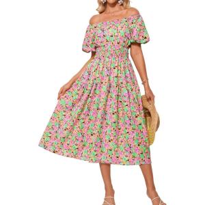 imageGRACE KARIN Womens 2025 Summer Dress Off Shoulder Floral Dress Puff Sleeve Smocked Boho Beach Midi Dress with PocketsPink Green
