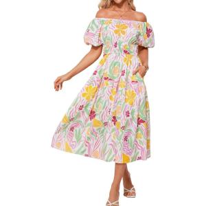 imageGRACE KARIN Womens 2025 Summer Dress Off Shoulder Floral Dress Puff Sleeve Smocked Boho Beach Midi Dress with PocketsPink Yellow Green