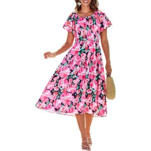 imageGRACE KARIN Womens 2025 Summer Dress Off Shoulder Floral Dress Puff Sleeve Smocked Boho Beach Midi Dress with PocketsRose Red Black