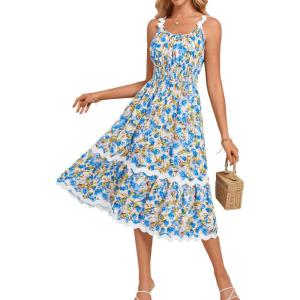 imageGRACE KARIN Womens 2025 Summer Floral Dress Casual Spaghetti Strap Flowy Dresses RIC Rac Trim Sundress Beach Midi DressBlue Floral
