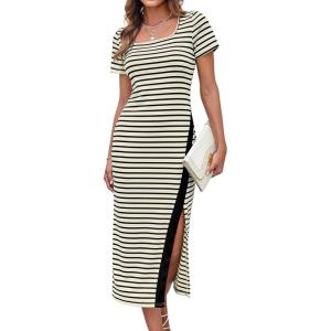imageGRACE KARIN Womens 2025 Summer Striped Bodycon Dresses Casual Short Sleeve Square Neck Beach Vacation Long DressApricot Black