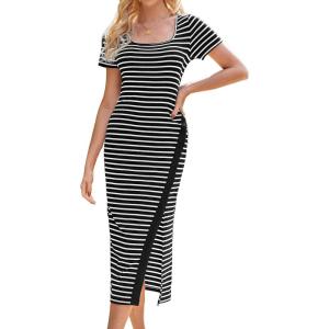imageGRACE KARIN Womens 2025 Summer Striped Bodycon Dresses Casual Short Sleeve Square Neck Beach Vacation Long DressBlack
