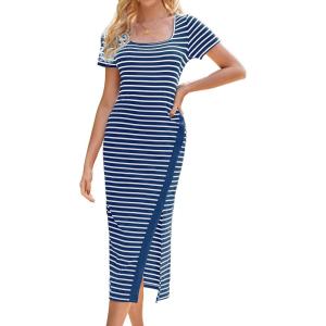 imageGRACE KARIN Womens 2025 Summer Striped Bodycon Dresses Casual Short Sleeve Square Neck Beach Vacation Long DressBlue