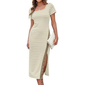 imageGRACE KARIN Womens 2025 Summer Striped Bodycon Dresses Casual Short Sleeve Square Neck Beach Vacation Long DressCoffee