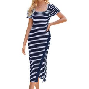imageGRACE KARIN Womens 2025 Summer Striped Bodycon Dresses Casual Short Sleeve Square Neck Beach Vacation Long DressNavy Blue