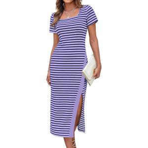 imageGRACE KARIN Womens 2025 Summer Striped Bodycon Dresses Casual Short Sleeve Square Neck Beach Vacation Long DressPurple
