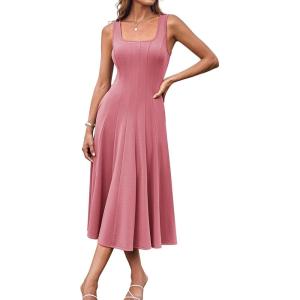 imageGRACE KARIN Womens 2025 Trendy Casual Tank Dresses Square Neck Sleeveless A Line Midi Sundress with PocketsPink