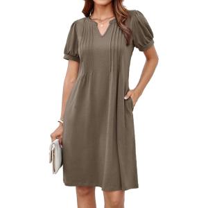 imageGRACE KARIN Womens 2025 V Neck Puff Short Sleeve T Shirt Dress Pleated Casual Loose Tunic Mini DressBrown