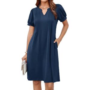 imageGRACE KARIN Womens 2025 V Neck Puff Short Sleeve T Shirt Dress Pleated Casual Loose Tunic Mini DressNavy