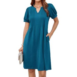 imageGRACE KARIN Womens 2025 V Neck Puff Short Sleeve T Shirt Dress Pleated Casual Loose Tunic Mini DressPeacock Blue