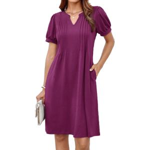 imageGRACE KARIN Womens 2025 V Neck Puff Short Sleeve T Shirt Dress Pleated Casual Loose Tunic Mini DressPurple