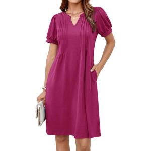imageGRACE KARIN Womens 2025 V Neck Puff Short Sleeve T Shirt Dress Pleated Casual Loose Tunic Mini DressRose Red
