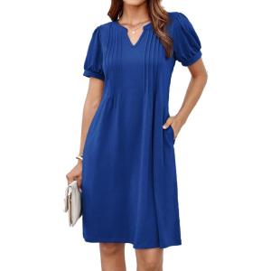 imageGRACE KARIN Womens 2025 V Neck Puff Short Sleeve T Shirt Dress Pleated Casual Loose Tunic Mini DressRoyal Blue