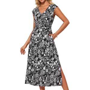 imageGRACE KARIN Womens Casual Summer Dress V Neck Sleeveless Floral Cap Slevee Loose Split Belted Maxi Sundresses with PocketsBlack White Floral