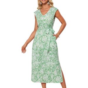 imageGRACE KARIN Womens Casual Summer Dress V Neck Sleeveless Floral Cap Slevee Loose Split Belted Maxi Sundresses with PocketsGreen White Floral