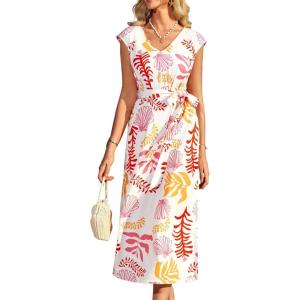 imageGRACE KARIN Womens Casual Summer Dress V Neck Sleeveless Floral Cap Slevee Loose Split Belted Maxi Sundresses with PocketsPink Orange Floral