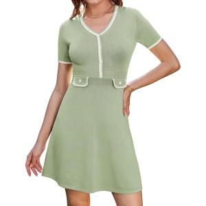 imageGRACE KARIN Womens Summer Short Sleeve Mini Dress 2025 Causual V Neck A Line Color Block Button Knit Sweater Short DressesLight Green