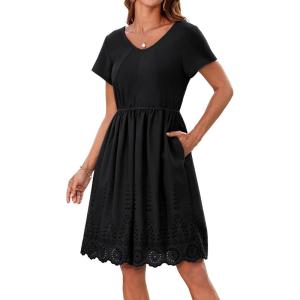 imageGRACE KARIN Womens Summer Short Sleeve Mini Dress V Neck A Line Casual Embroidery Vacation Beach Short Dresses with PocketsBlack