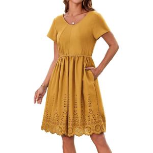 imageGRACE KARIN Womens Summer Short Sleeve Mini Dress V Neck A Line Casual Embroidery Vacation Beach Short Dresses with PocketsYellow