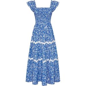 imageGRACE KARIN Womens Summer Sleeveless Foral Dress Boho Square Neck Casual Flowy Cap Sleeve Maxi Beach Dress with PocketBlue and White Florals